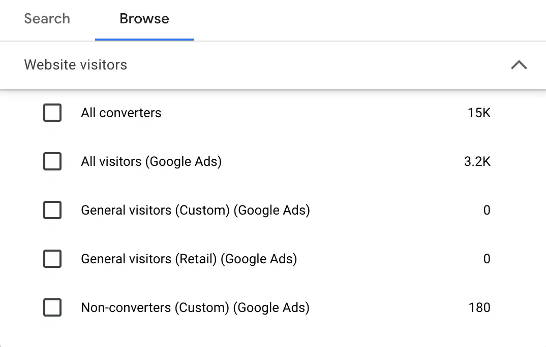 Exemples d'audiences de remarketing disponibles dans Google Ads