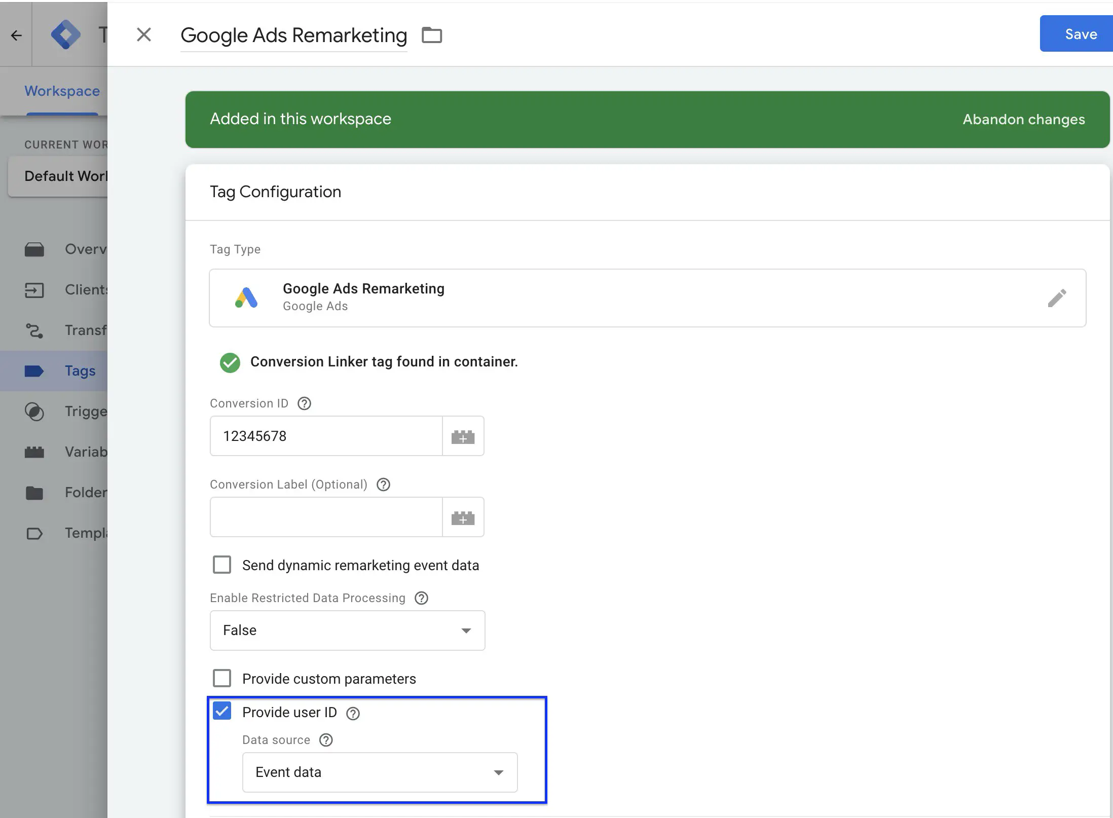 Configuration de l'envoi du User ID dans la balise Google Ads Remarketing