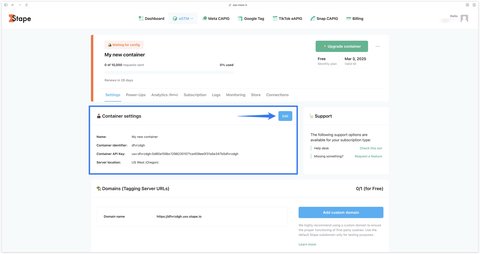 Container settings section in Stape