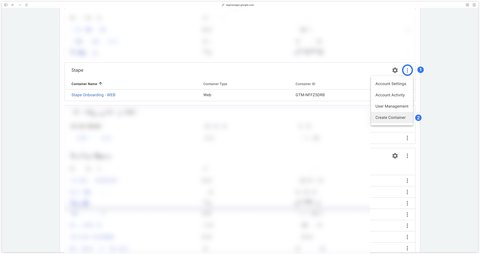 Button to create a new container in GTM