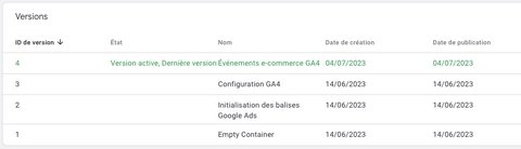 Exemples de versions dans Google Tag Manager