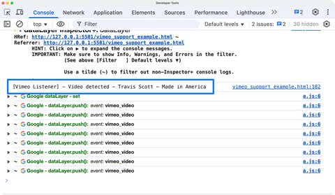 Example of a Vimeo listener console message