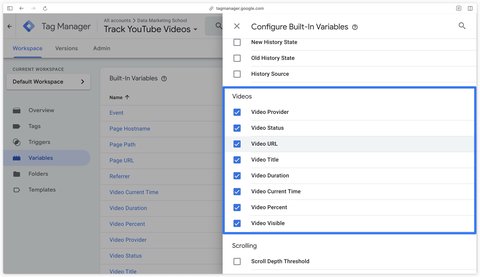 Built-in variables linked to videos checked in GTM