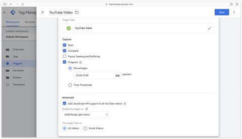 Recommended configuration for the YouTube Video trigger in GTM