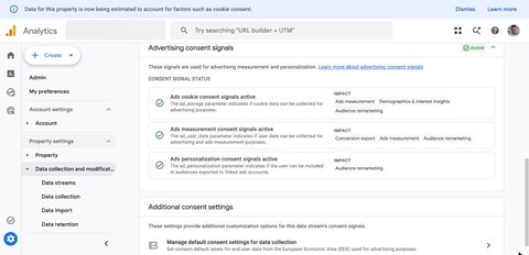 Les signaux de consentement publicitaires du Consent Mode V2 dans les paramètres de consentement de GA4