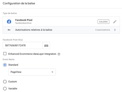 Configuration de la balise Facebook Pixel pour l'événement PageView