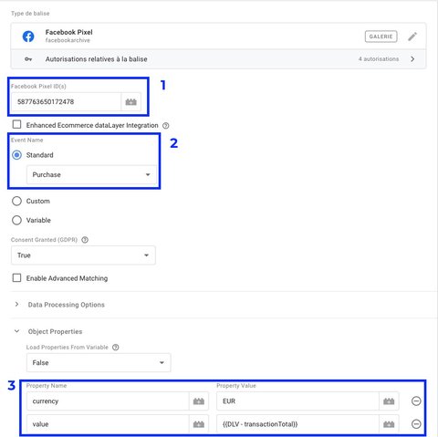 Configuration de l'événement standard Purchase