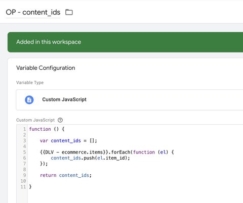 Custom Javascript variable setup for content_ids