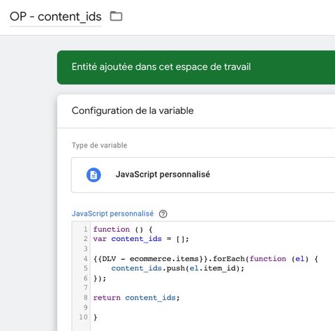 Configuration de la variable Javascript personnalisé pour les content_ids