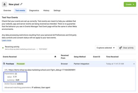 Test events in the events manager