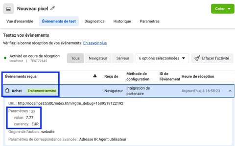 Événements de test dans le gestionnaire d'événement du Business Manager