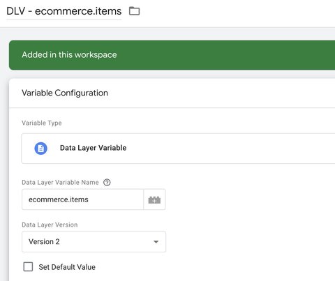 Creating data layer variable ecommerce.items