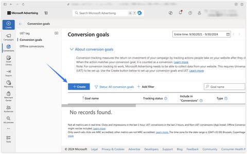 Button to create a conversion goal in Microsoft Ads
