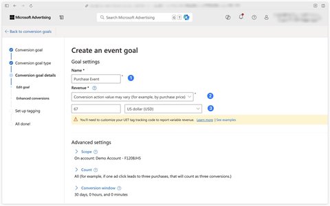 Goal configuration in Microsoft Ads