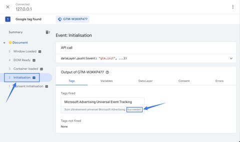 Checking the triggering of the Microsoft Advertising Universal Event Tracking tag in the GTM preview
