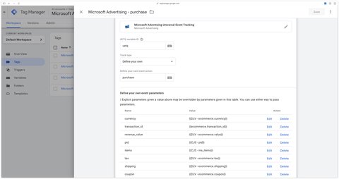 Configuring the purchase Microsoft Ads event in Google Tag Manager