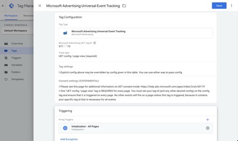 Trigger Microsoft Advertising Universal Event Tracking tag on all pages