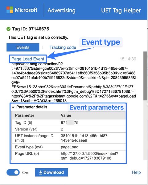 Check event sending with UET Tag Helper
