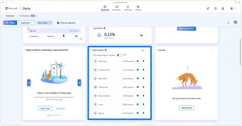 Auto-detected Smart Events in the Clarity dashboard