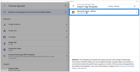Accessing the community template gallery in GTM