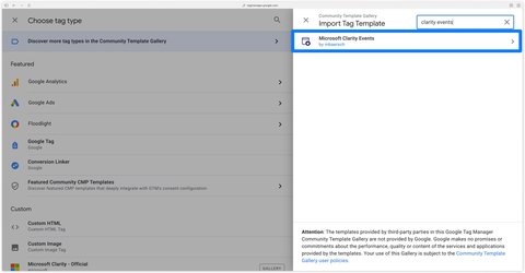 Searching for mbaersch's Microsoft Clarity Events tag in the GTM gallery