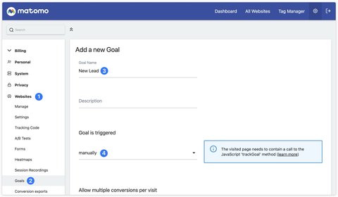 Configuration de l'objectif New lead dans l'interface Matomo