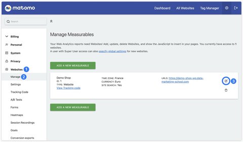 Accédez aux réglages de votre site web dans Matomo