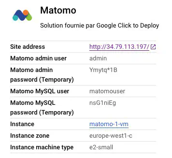 Identifiants de connexion Matomo dans le Deployent Manager de GCP