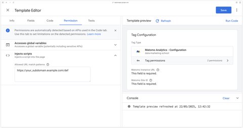 Editing Matomo template permissions in GTM Web