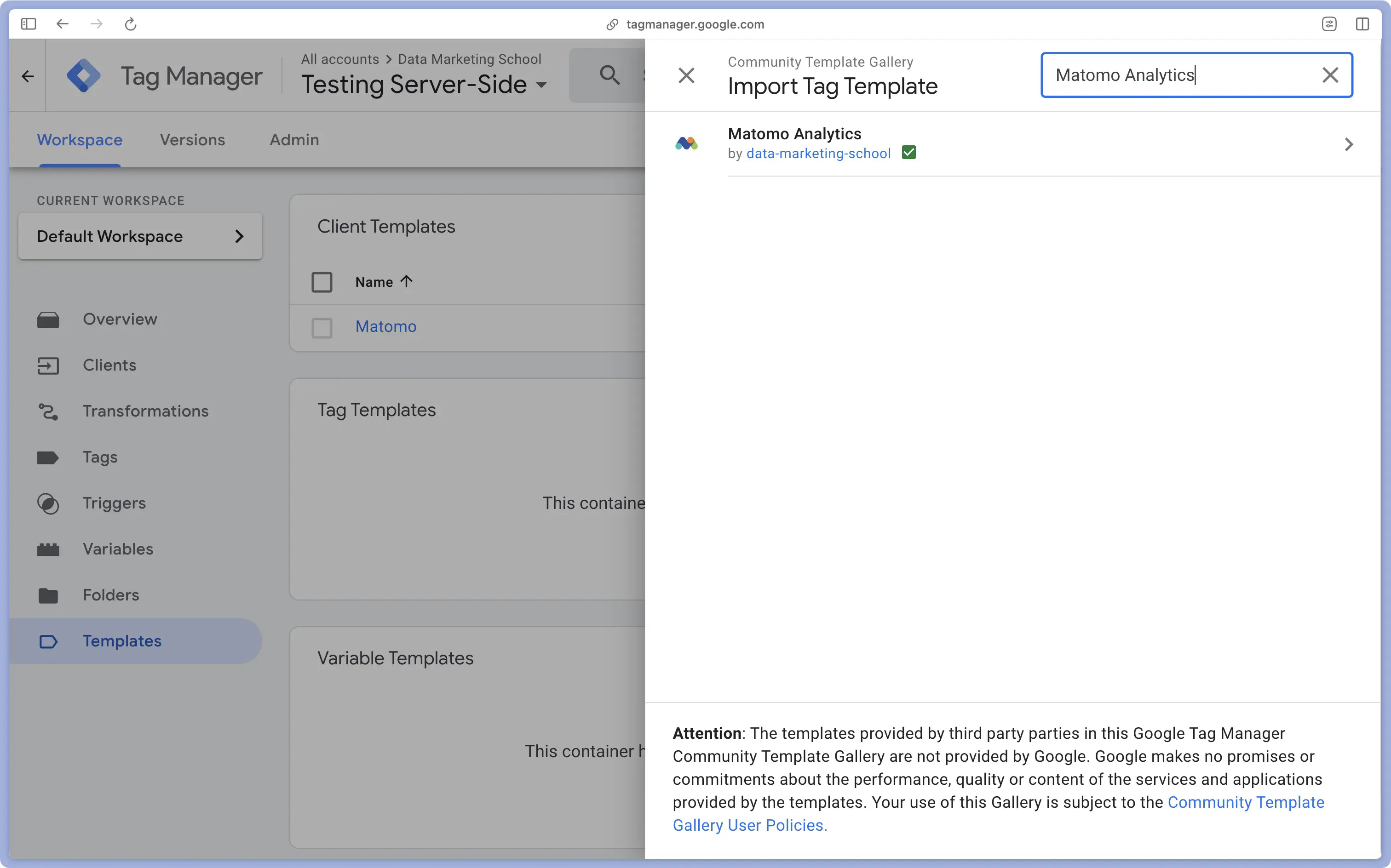 Import de la balise Matomo Analytics de Data Marketing School depuis la galerie Google Tag Manager Server-Side