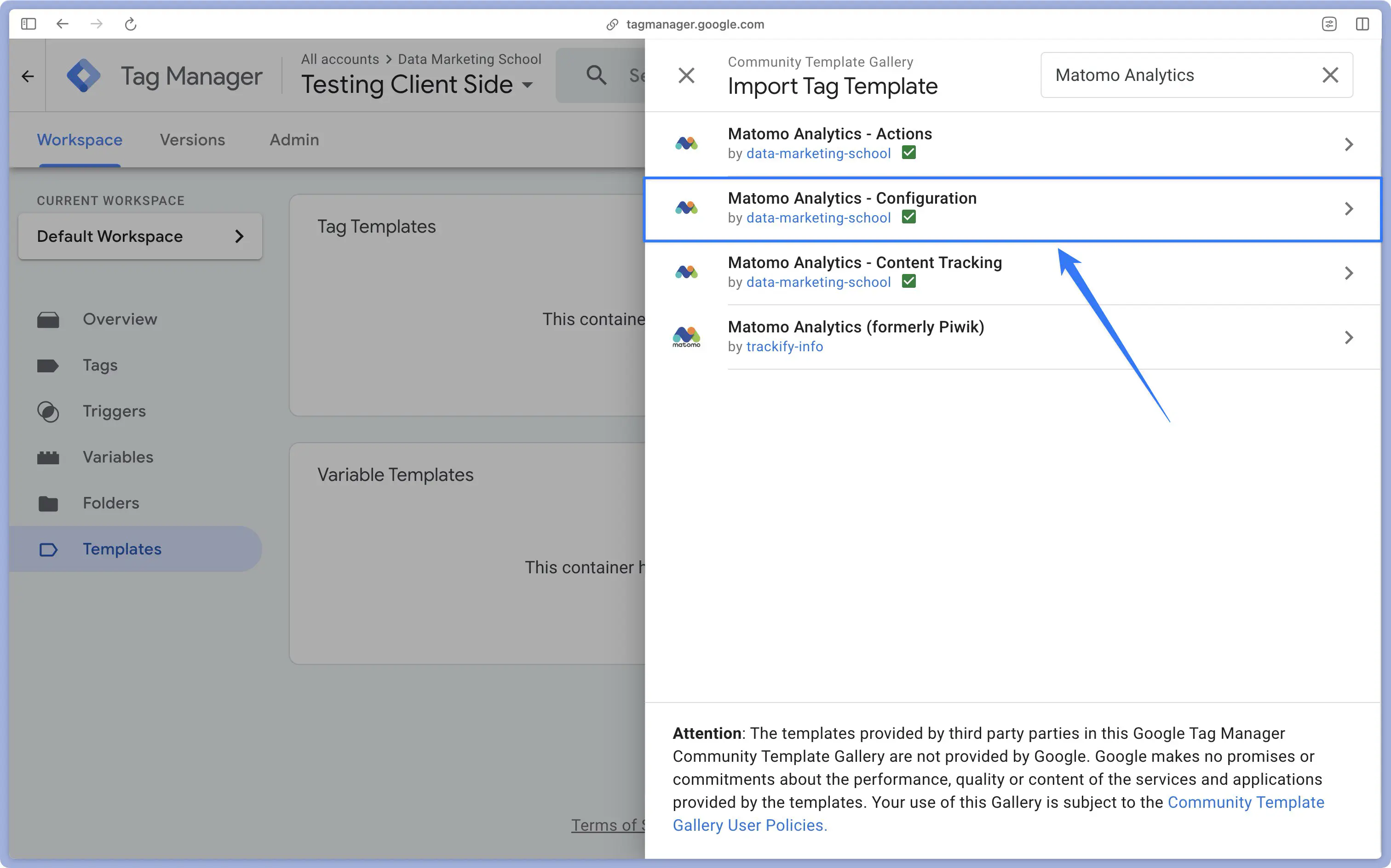 Import de la balise Matomo Analytics de Data Marketing School depuis la galerie Google Tag Manager WEB