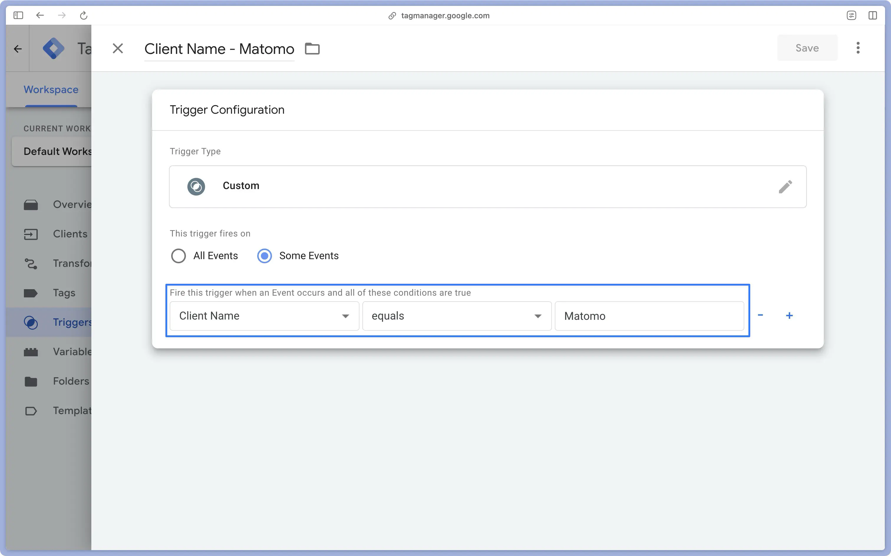 Client Name - Matomo trigger configuration