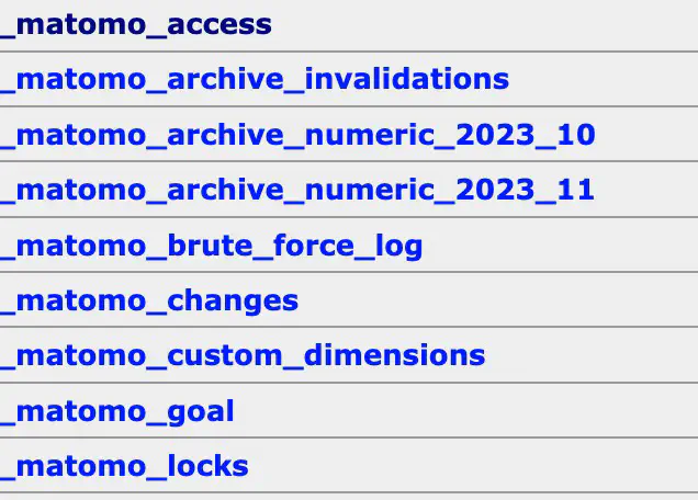 Example of Matomo tables added to the database