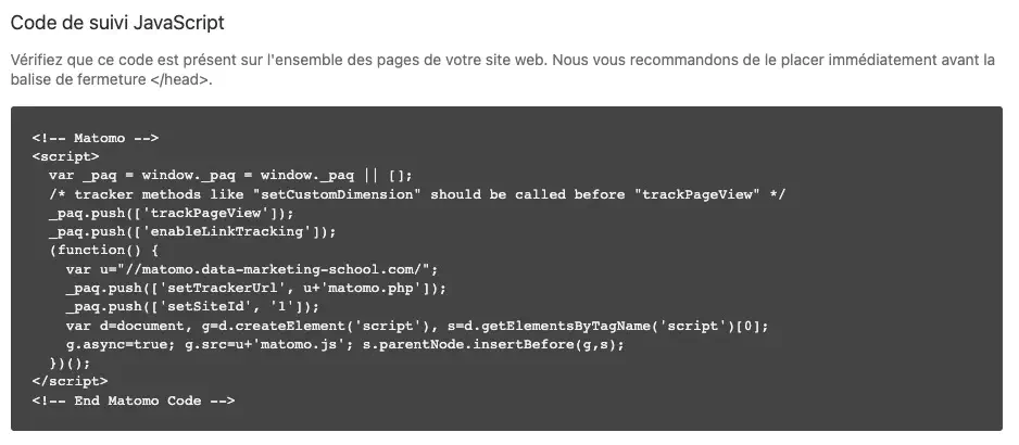 Code de suivi de Matomo