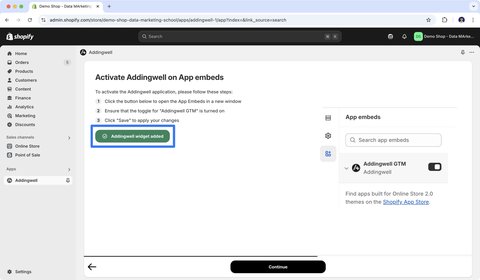 Confirmation de l'activation de l'application Addingwell dans le thème