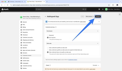 Bouton pour connecter le custom pixel à la sandbox