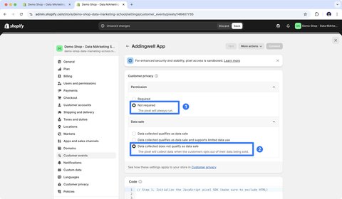 Réglages customer privacy dans le custom pixel