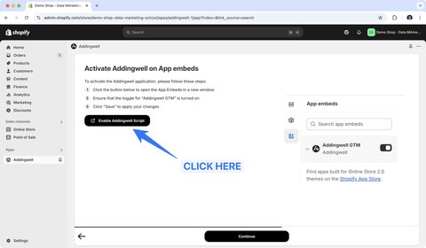 Bouton pour activer l'application Addingwell dans le thème de votre boutique