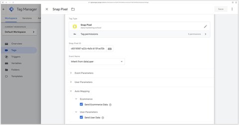 Configuration du tag Snap Pixel avec la correspondance automatique