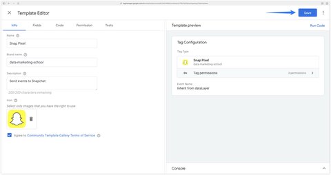 Enregistrement du modèle de balise Snap Pixel dans Google Tag Manager Web