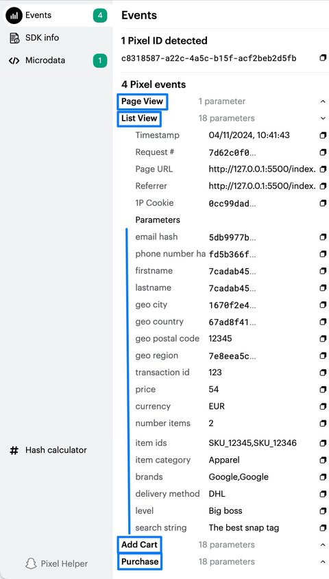 Vérification de l'envoi des événements avec l'extension Snap Pixel Helper