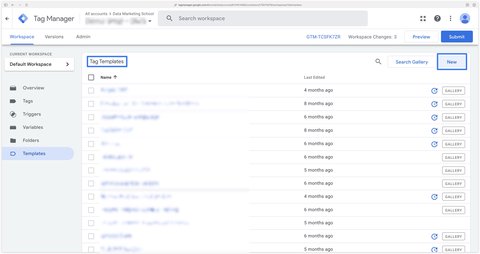 Section des modèles dans Google Tag Manager Web
