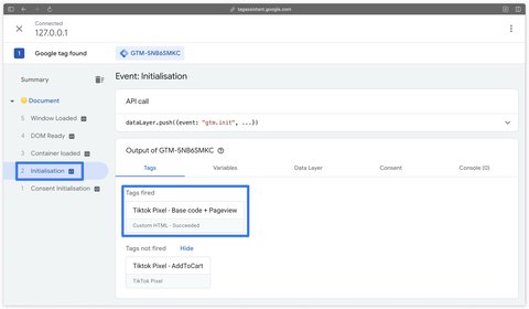 Vérification du déclenchement de la balise base code + Pageview