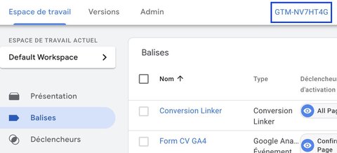 Emplacement de l'identifiant du conteneur Google Tag Manager