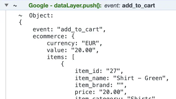 Visualisation du contenu du Data Layer après un ajout au panier